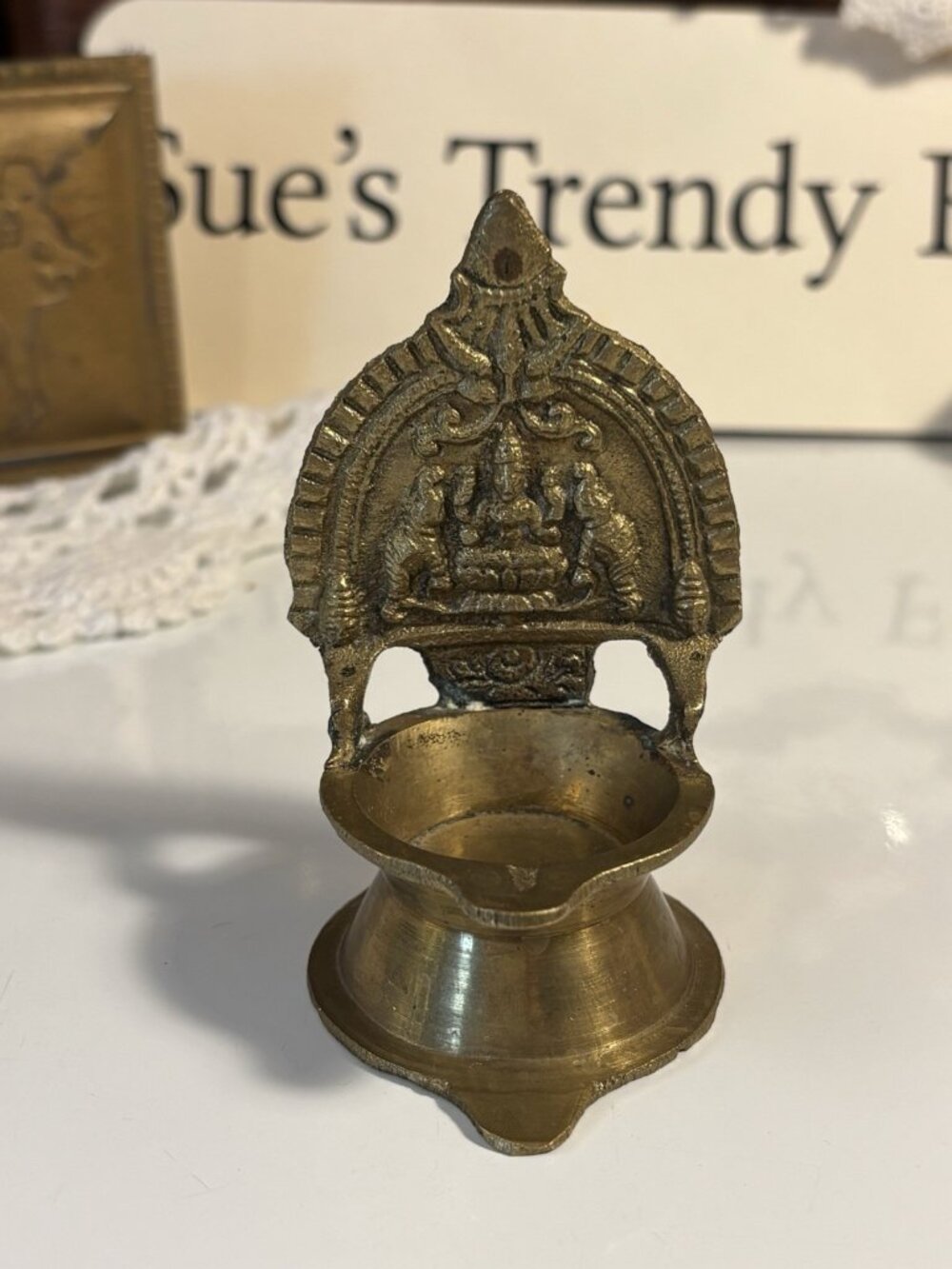 VINTAGE BRASS LAKSHMI GANESHA OIL LAMP HINDU INDIA LUCK GOOD FORTUNE WISDOM
